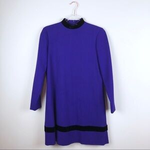 Vintage Evan Picone Purple Wool Dress with Black Velvet 2P Mod Retro